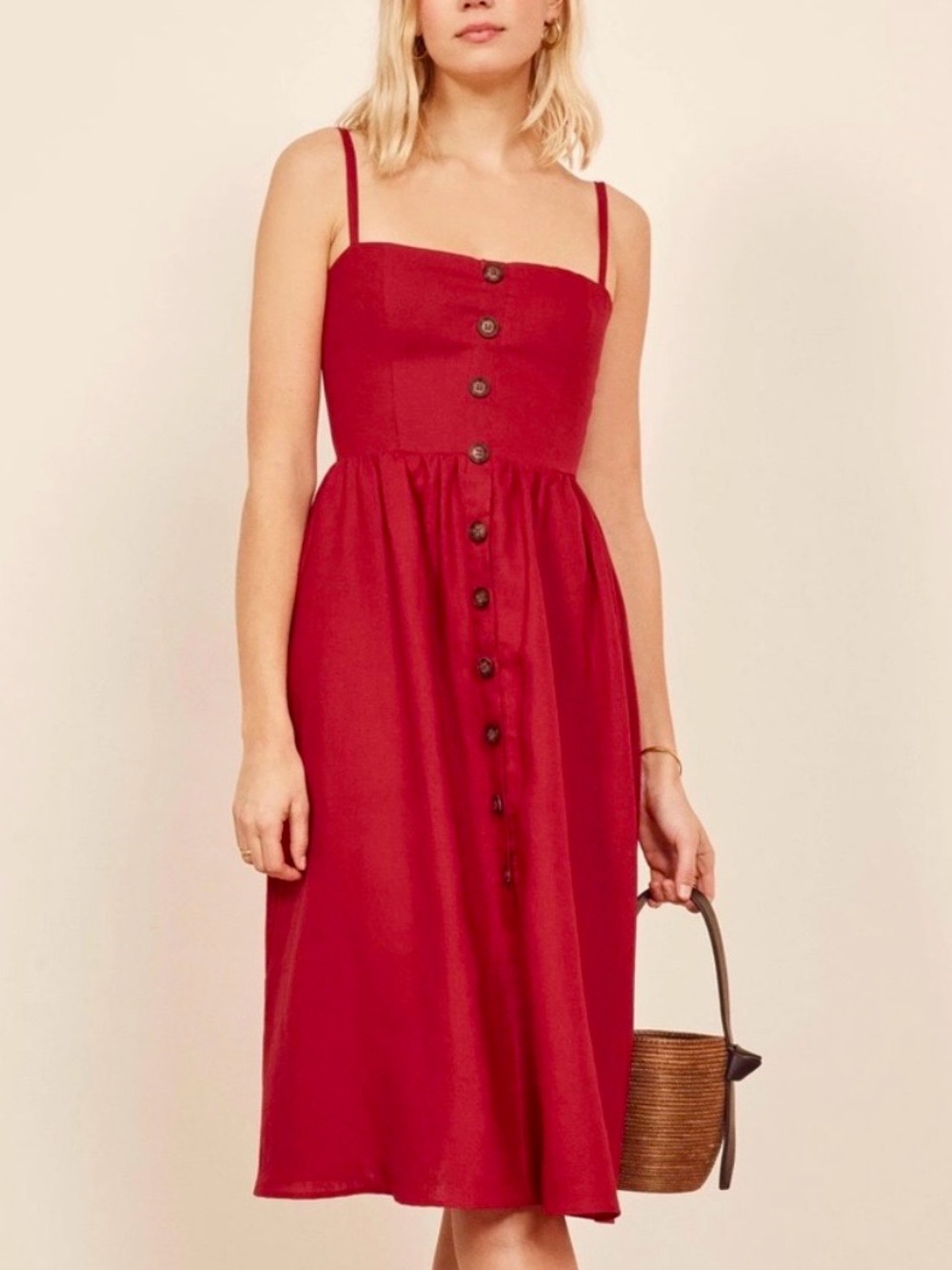 REFORMATION Tori Cherry Red 100% Linen Smocked Midi Dress Coastal Resort USA 6